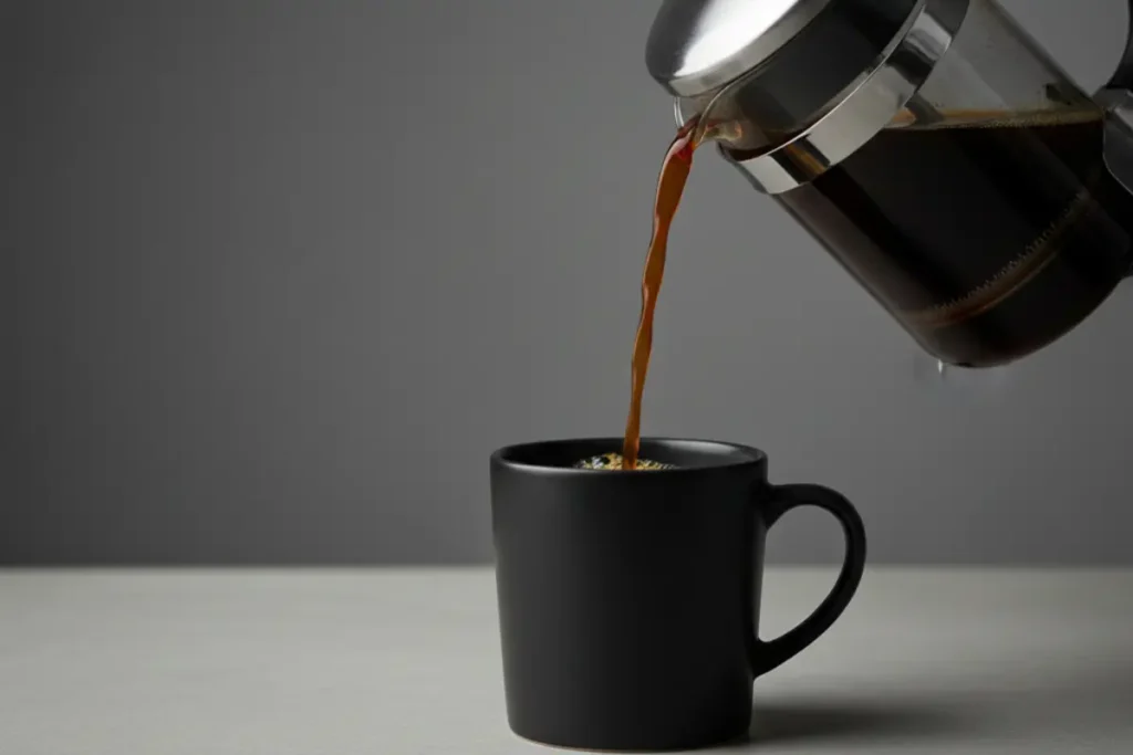 What is black coffee – freshly poured from French press into black mug