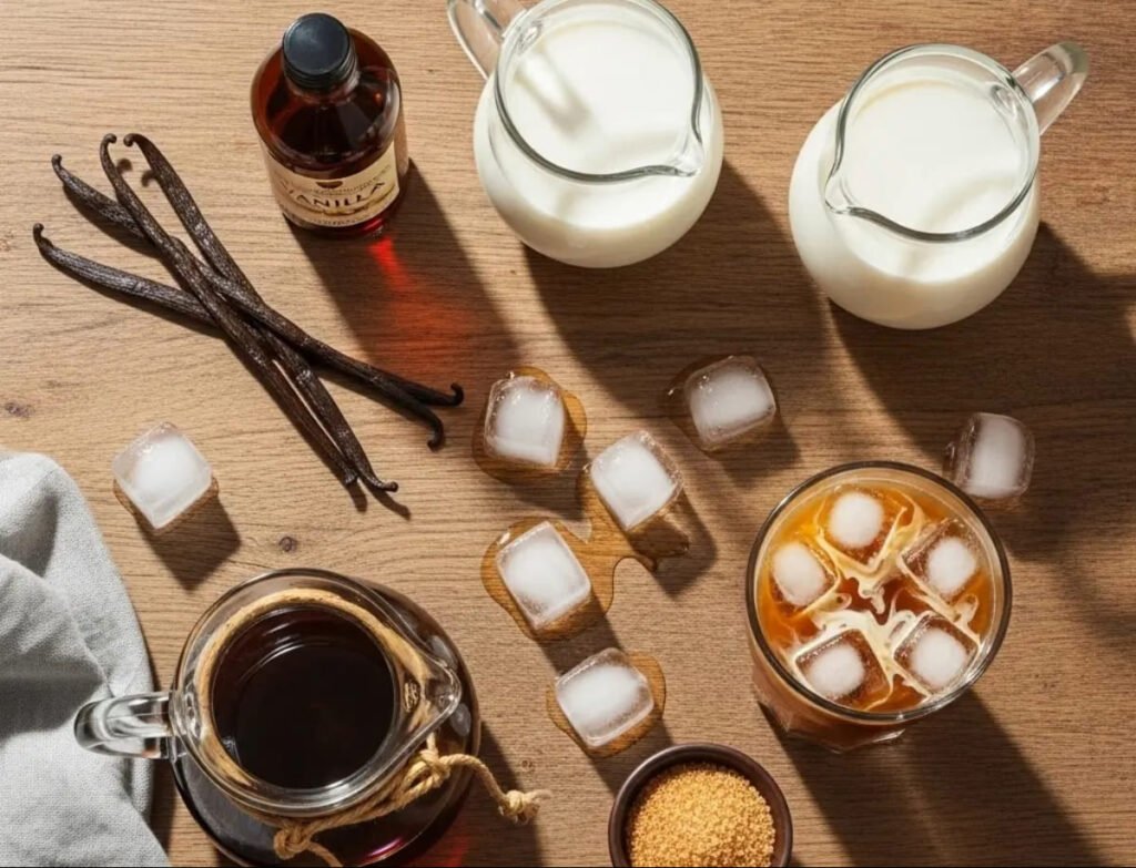 Top Iced Coffee Recipes and Tips to Stay Cool and Energized | ibobeans Iced coffee setup with milk, vanilla, coffee, ice, sugar, and a glass on a wooden table.