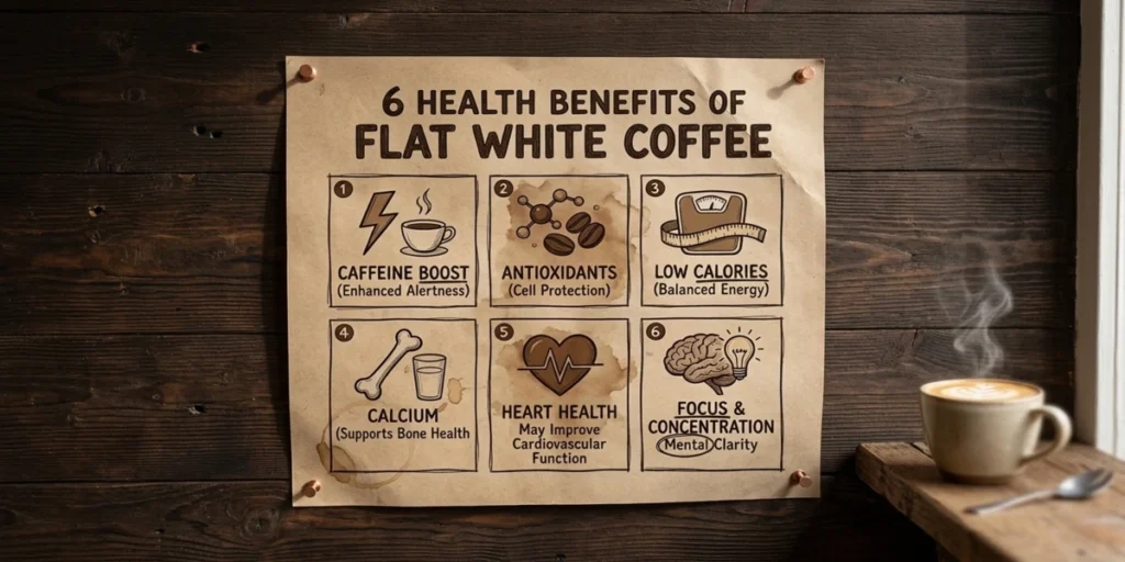 Infographic showing six health benefits of flat white coffee including caffeine boost, antioxidants, low calories, calcium, heart health, and mental focus