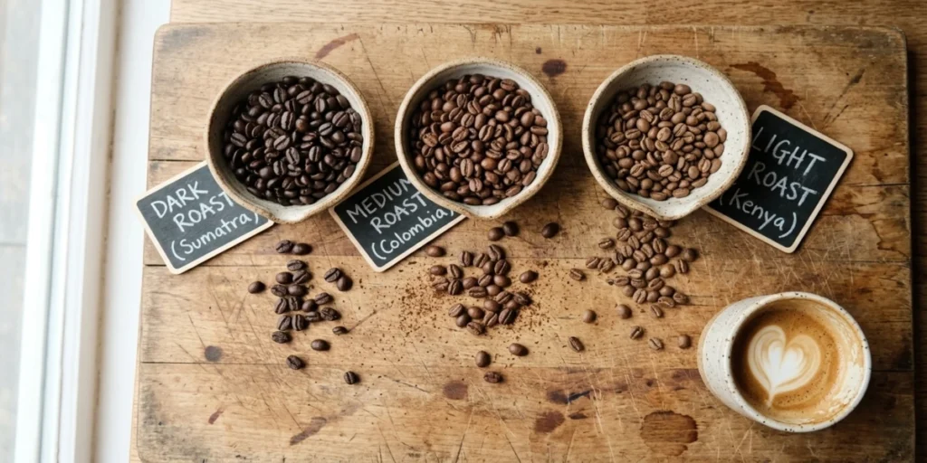 Three bowls of dark, medium, and light roast coffee beans next to a flat white coffee on a wooden board