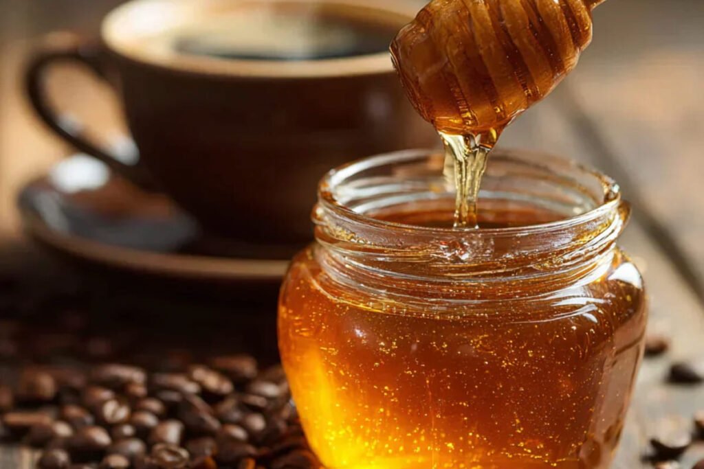 Honey poured into coffee cup