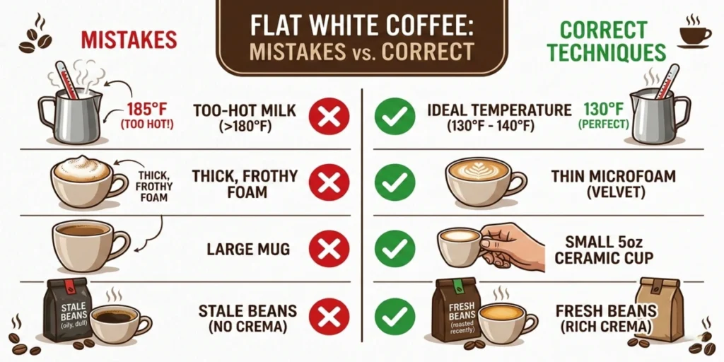 Side-by-side infographic showing four common flat white coffee mistakes on the left with red X marks and correct techniques on the right with green check marks