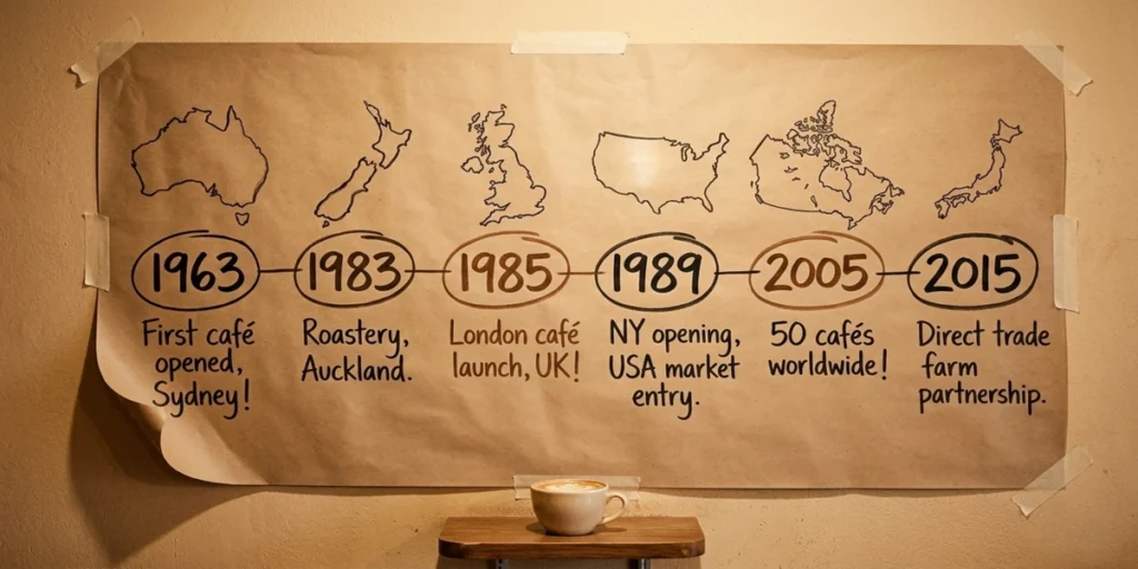 Timeline infographic showing the history of flat white coffee from 1950s England to 2015 Starbucks USA launch with key dates and locations