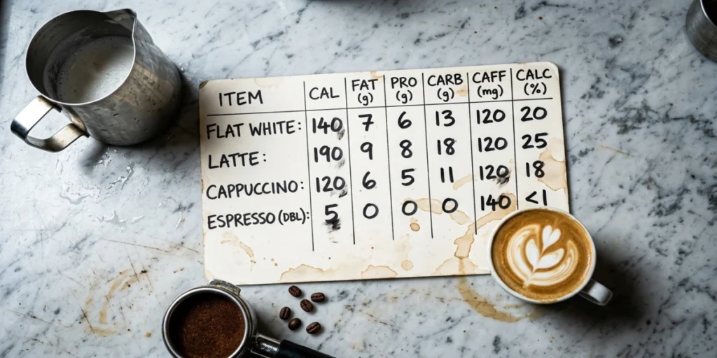 Flat white coffee nutrition facts infographic showing 120 calories, 7g fat, 9g carbs, 6g protein, 130mg caffeine, and 30 percent daily calcium per 5-6 oz serving