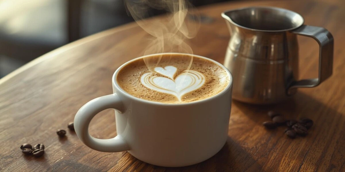 Freshly made flat white coffee with heart latte art in a 5 oz ceramic cup with milk pitcher and coffee beans in background