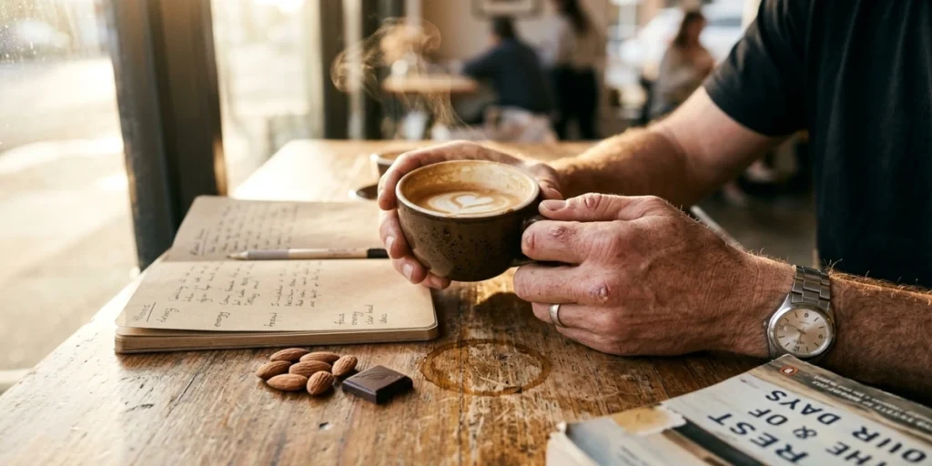what is flat white coffee?Flat white coffee in a small white ceramic cup with heart-shaped latte art, showing thin microfoam on a wooden table