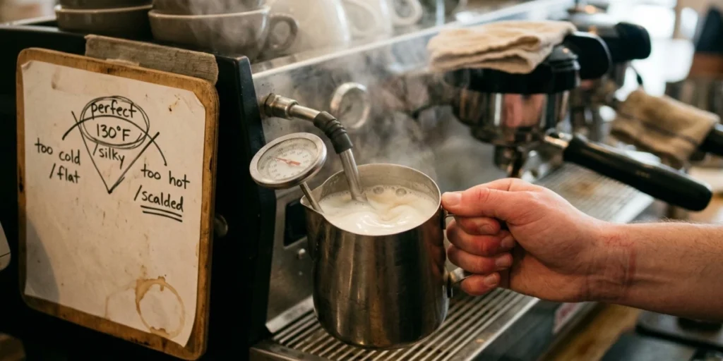 Kitchen thermometer showing 130°F in a pitcher of steamed milk with smooth microfoam for flat white coffee