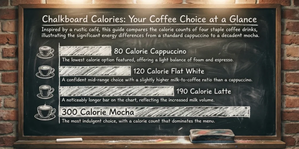  Bar chart comparing calories in flat white (120), cappuccino (80), latte (190), and mocha (300) coffee drinks