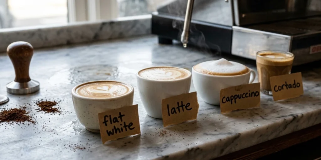Side-by-side comparison of flat white, latte, and cappuccino coffee drinks showing differences in foam thickness and cup size