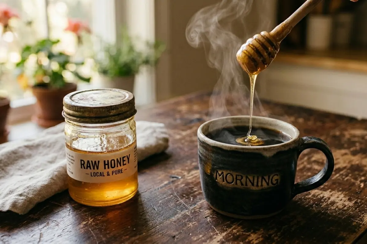 Golden honey dripping from a wooden dipper into a steaming cup of coffee on a rustic wooden table