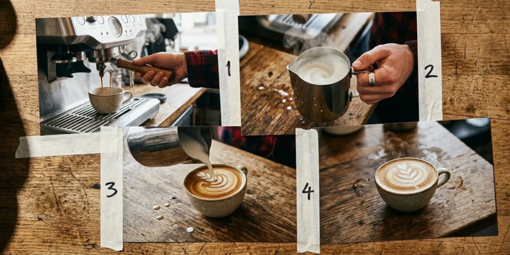 Step-by-step infographic showing how to make a flat white coffee at home in four steps: brew espresso, steam milk, pour, and serve