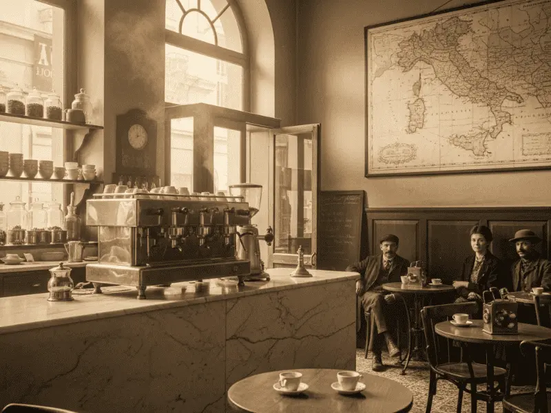 What Is Doppio Coffee? A Fun Guide to This Double Coffee Joy (And Does Cappuccino Have Caffeine?) History of doppio coffee: vintage Italian café in 1900s with espresso machine and old Italy map
