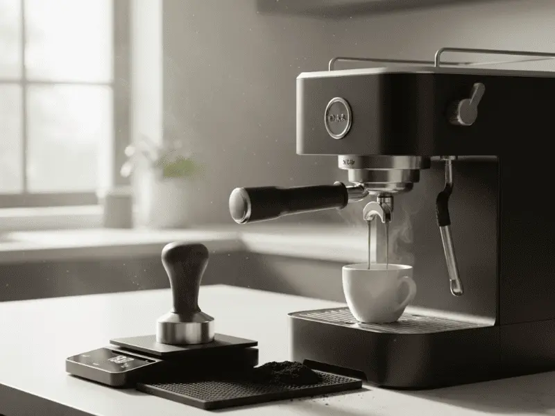 What Is Doppio Coffee? A Fun Guide to This Double Coffee Joy (And Does Cappuccino Have Caffeine?) Espresso machine pouring double shot into white cup with 18g dose and tamper