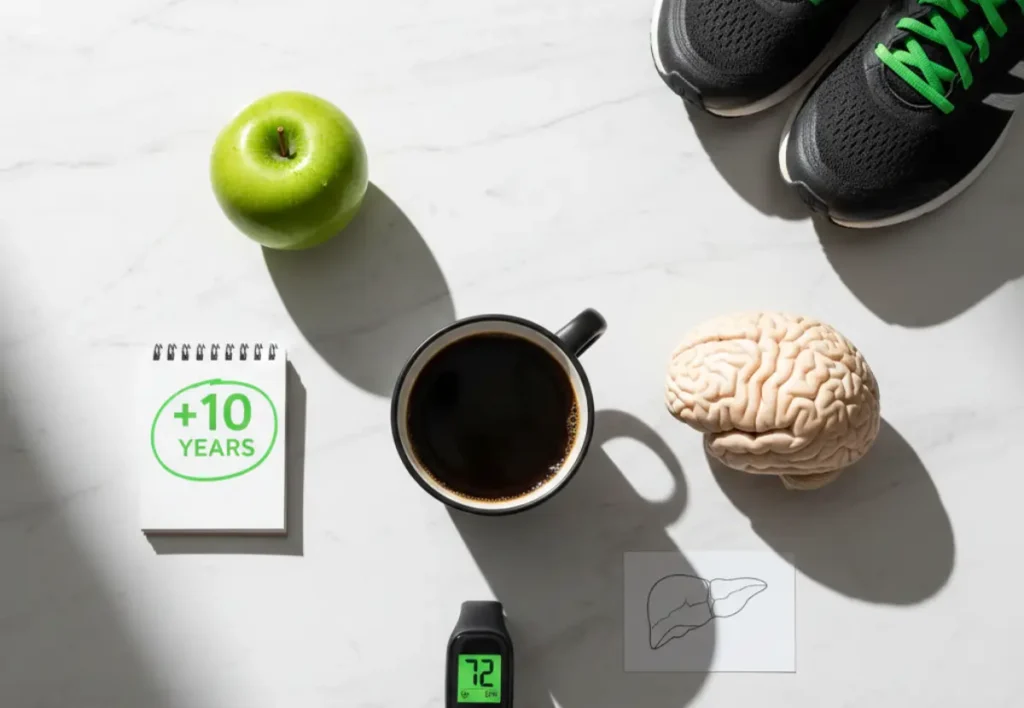 Black coffee health benefits flatlay – longevity, weight loss, brain protection, liver health