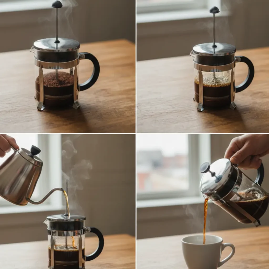 French press black coffee recipe step-by-step – bloom, steep, press, pour