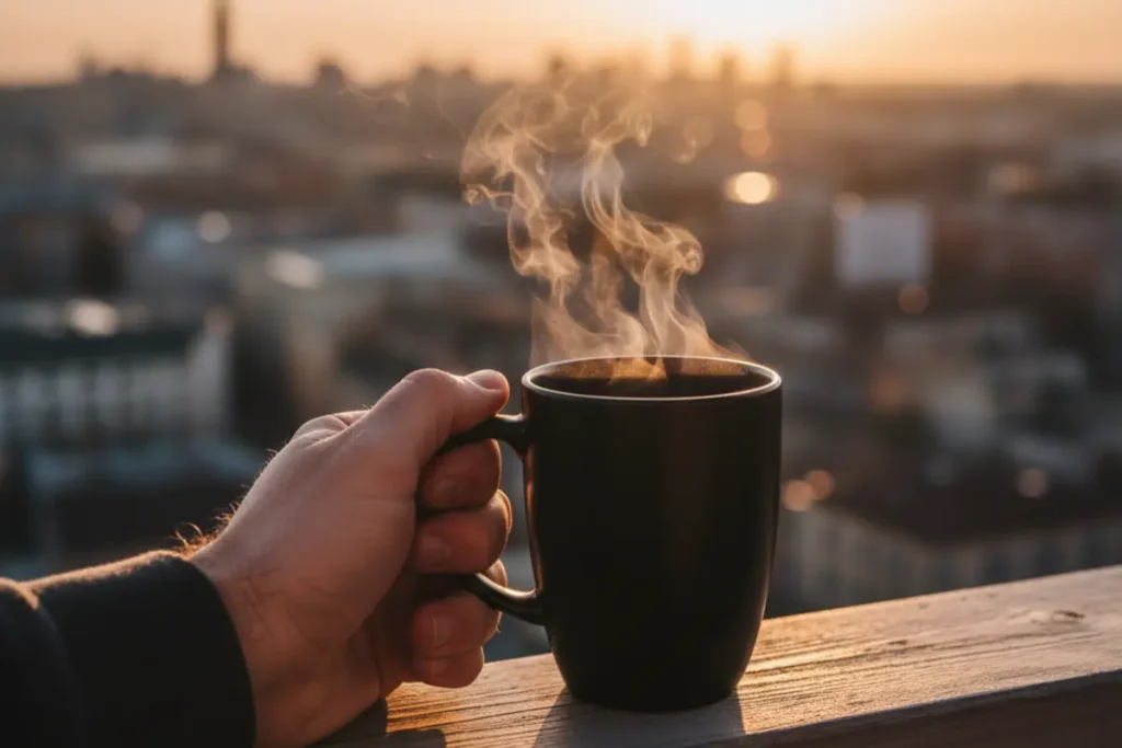 Morning black coffee at sunrise – perfect way to start the day