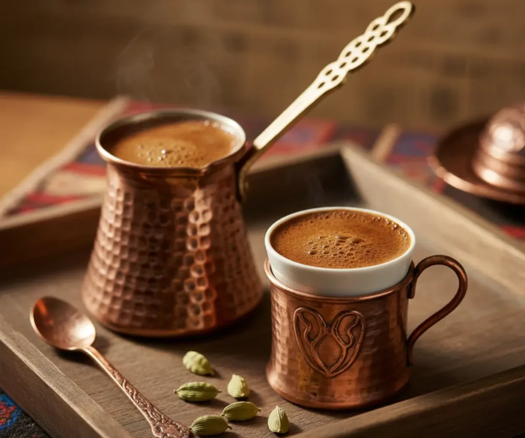 Traditional Turkish black coffee in copper cezve with cardamom – rich foam, authentic recipe