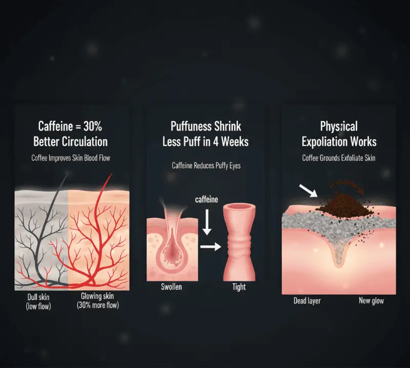 Coffee skin benefits infographic: 30% better circulation, reduces puffy eyes in 4 weeks, exfoliates dead skin for glow