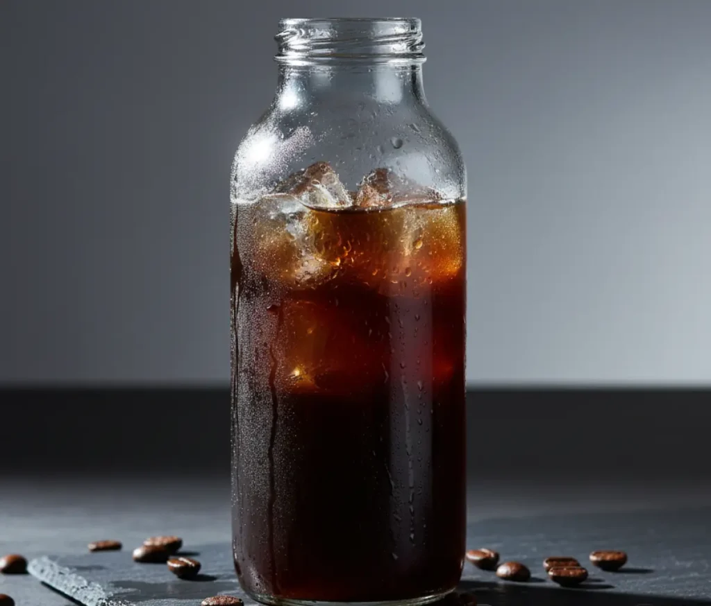 Cold brew black coffee in glass bottle with ice – smooth, zero bitterness, ready to drink 
