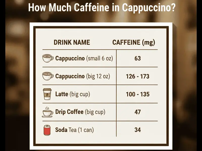 How Much Caffeine in Cappuccino? Simple Guide with Clear Numbers How much caffeine in cappuccino ?
Cappuccino caffeine chart showing 63mg in small 6 oz cup – Ibobeans