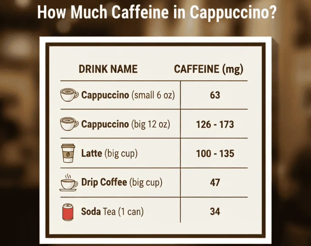 How Much Caffeine in Cappuccino? Simple Guide with Clear Numbers Cappuccino caffeine chart showing 63mg in small 6 oz cup – Ibobeans