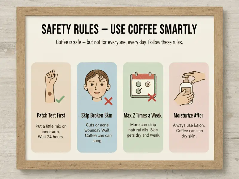 Coffee benefits for skin: Safety rules – patch test on arm, avoid broken skin, use max 2 times a week, moisturize after to prevent dryness
