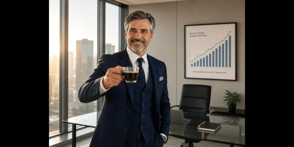 local-seo-growth-black-coffee-cheers.webp Experienced SEO professional in a modern office, toasting with black coffee beside an upward growth chart