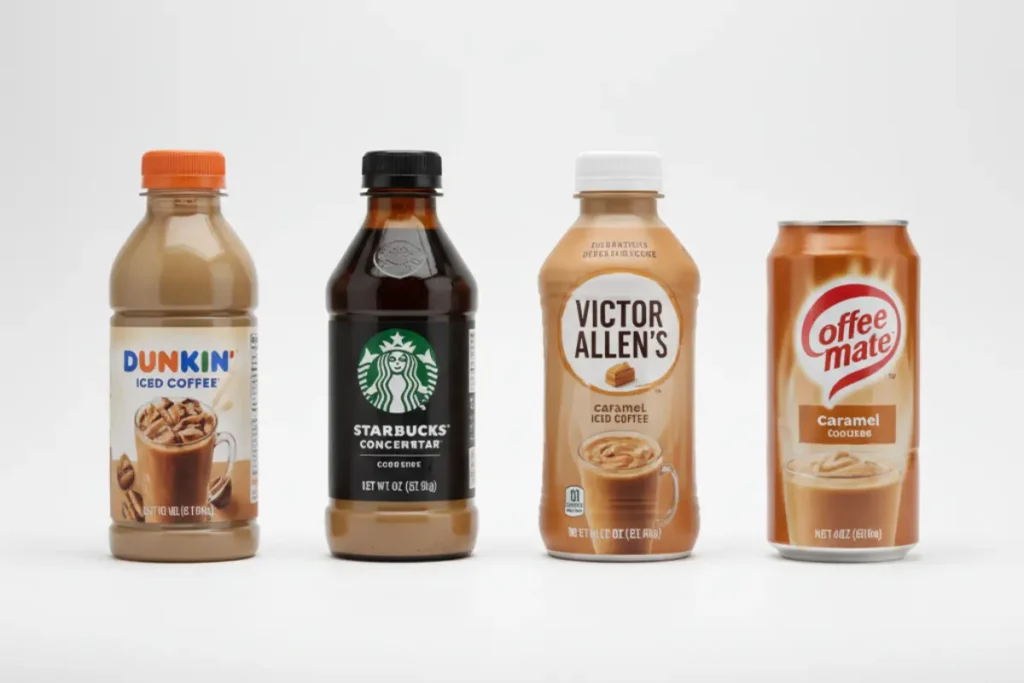 Caramel Iced Coffee: Easy 5Recipes & Tips Make at Home Top ready-to-drink caramel iced coffee bottles and cans – Dunkin’, Starbucks Cold Brew Concentrate, Victor Allen’s and Coffee mate Caramel lined up on white background