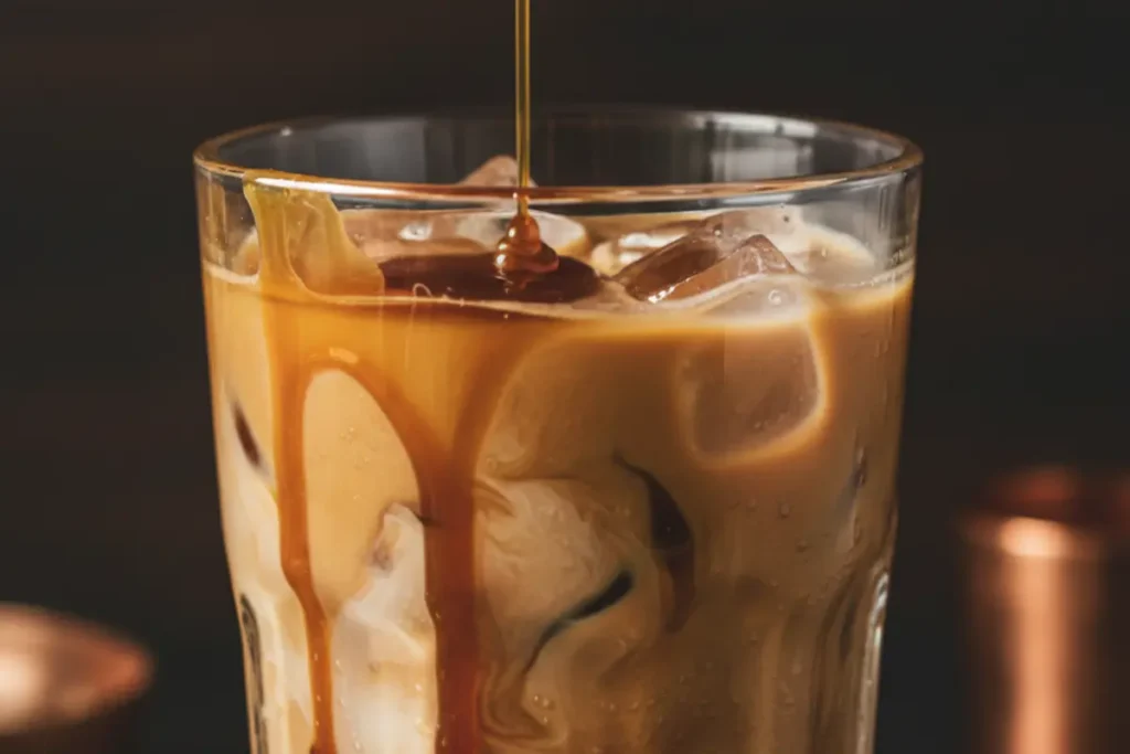 Caramel Iced Coffee: Easy 5Recipes & Tips Make at Home Easiest homemade caramel iced coffee recipe – thick caramel sauce being drizzled over creamy iced coffee and coffee ice cubes in a tall glass