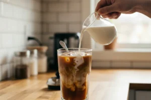 Thai Coffee Recipe: How to Make Authentic Gafae Yen at Home (Beginner Guide) Pouring evaporated milk over back of spoon to create perfect layers in Thai iced coffee