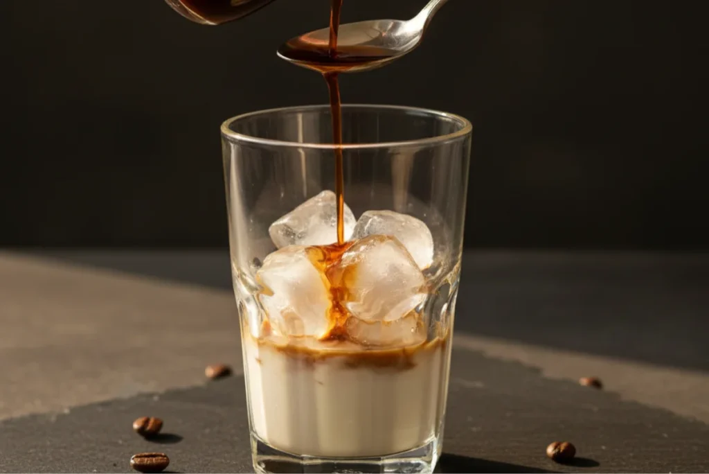 The secret to Instagram-worthy layers: Pour coffee slowly over the back of an inverted spoon!