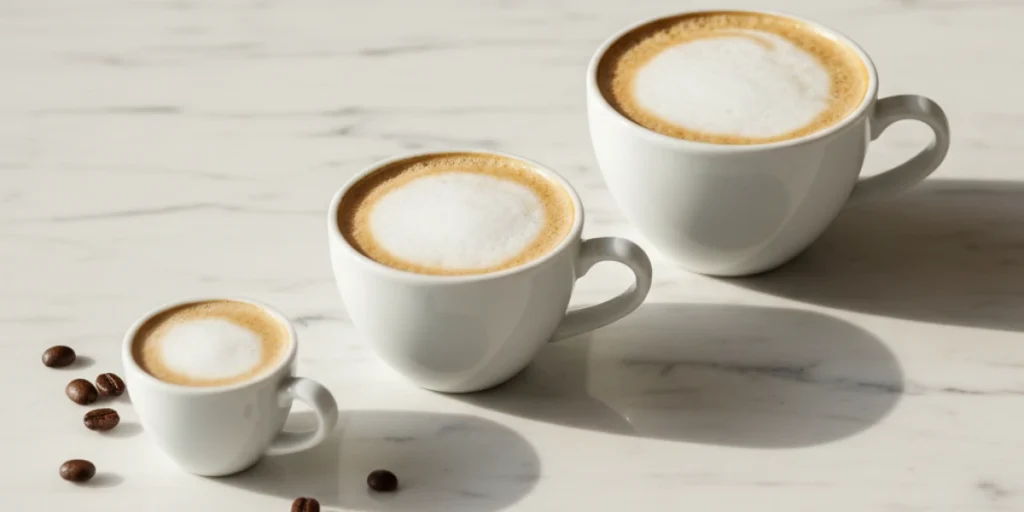 Different cappuccino sizes showing varying caffeine amounts