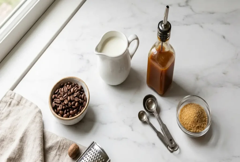 Caramel hot coffee ingredients including coffee beans milk and caramel sauce
