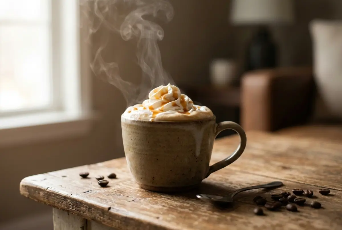 Caramel hot coffee with whipped cream and caramel sauce in white mug