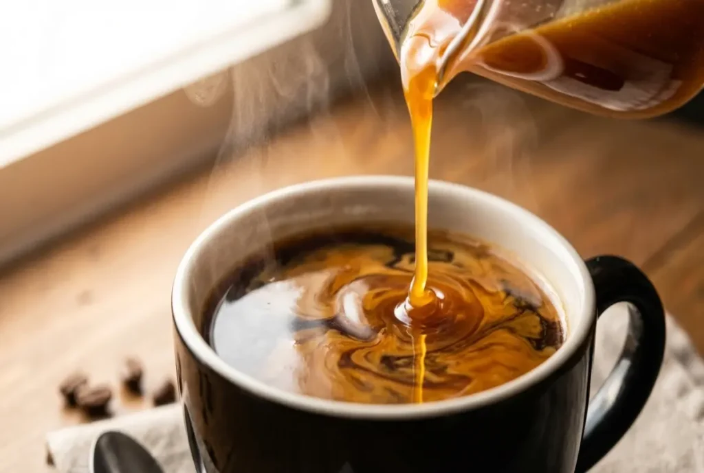  Caramel syrup being poured into hot black coffee creating swirls