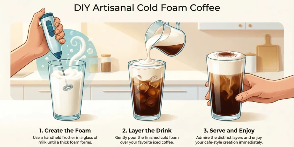 Cold foam coffee topping tutorial showing handheld frother in action.