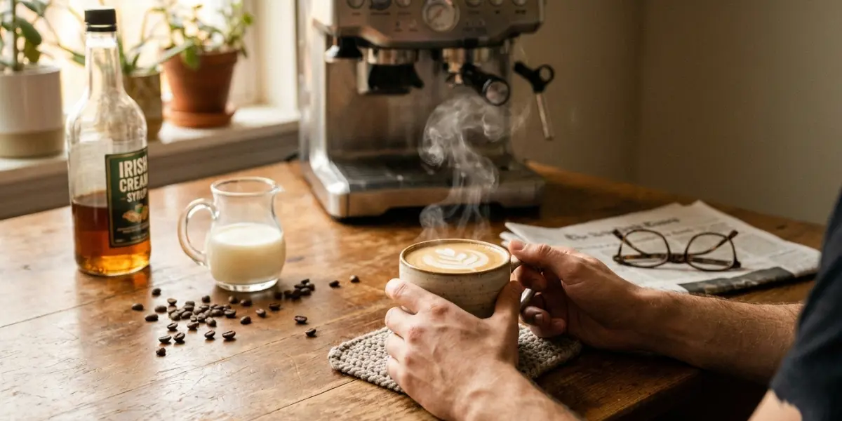 Irish cream breve ingredients showing espresso half and half and Irish cream syrup