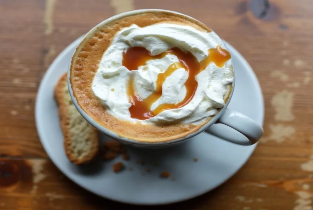  Overhead view of caramel hot coffee with whipped cream and caramel drizzle
