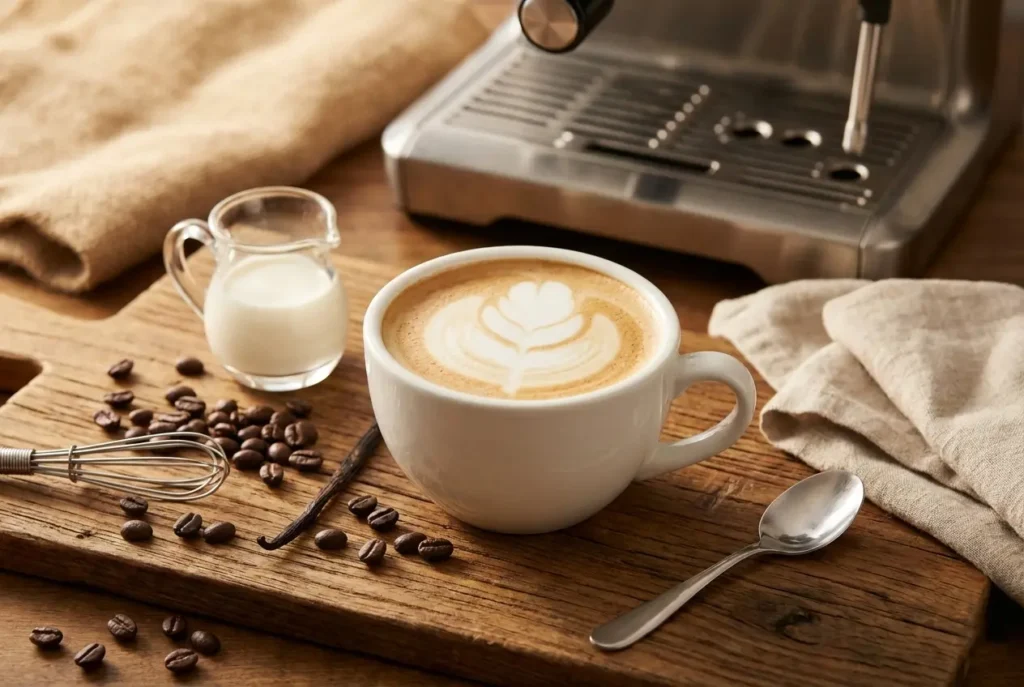 Vanilla breve finished drink in white mug with coffee beans
