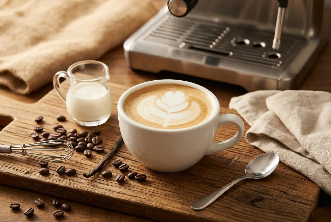 Vanilla breve recipe finished drink in white mug with coffee beans