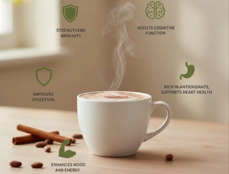 Steaming mug of hot chocolate coffee with cinnamon sticks and cocoa beans, surrounded by icons highlighting health benefits for hot chocolate coffee recipe.