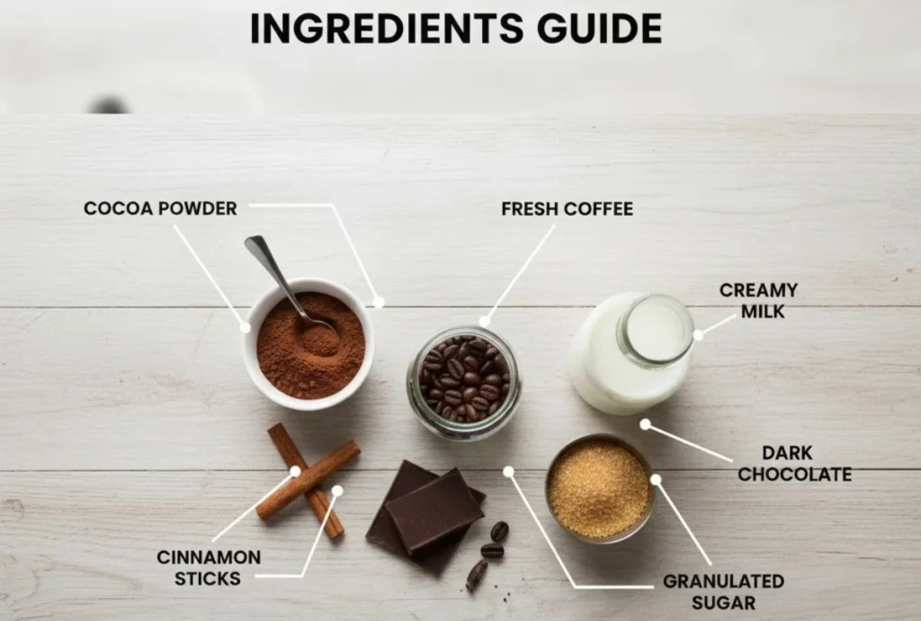 Complete ingredient guide for hot chocolate coffee.