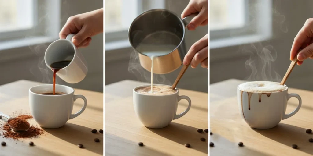 Step-by-step preparation of hot chocolate coffee recipe: pouring espresso, adding steamed milk, and stirring for a frothy finish in a white mug.