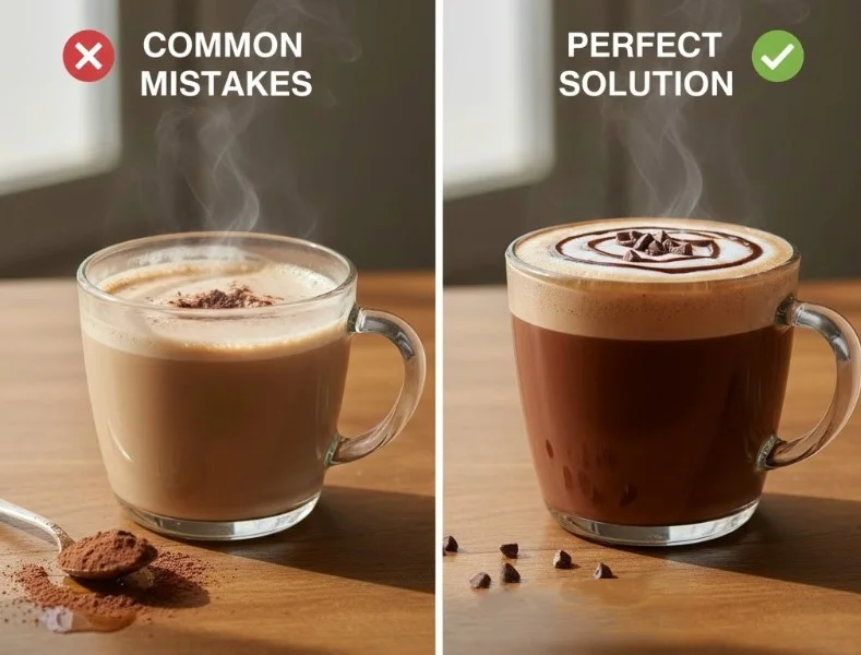Side-by-side comparison of common mistakes (pale, watery hot chocolate coffee) vs. perfect solution (rich, layered with foam and chocolate drizzle) for hot chocolate coffee recipe.