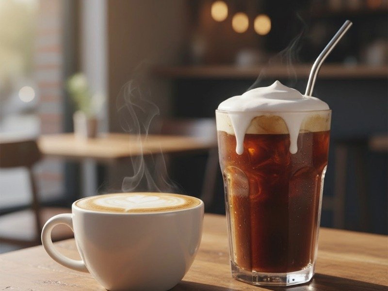 Hot latte with heart latte art beside iced coffee with dripping cold foam and metal straw, for hot chocolate coffee recipe variations.
