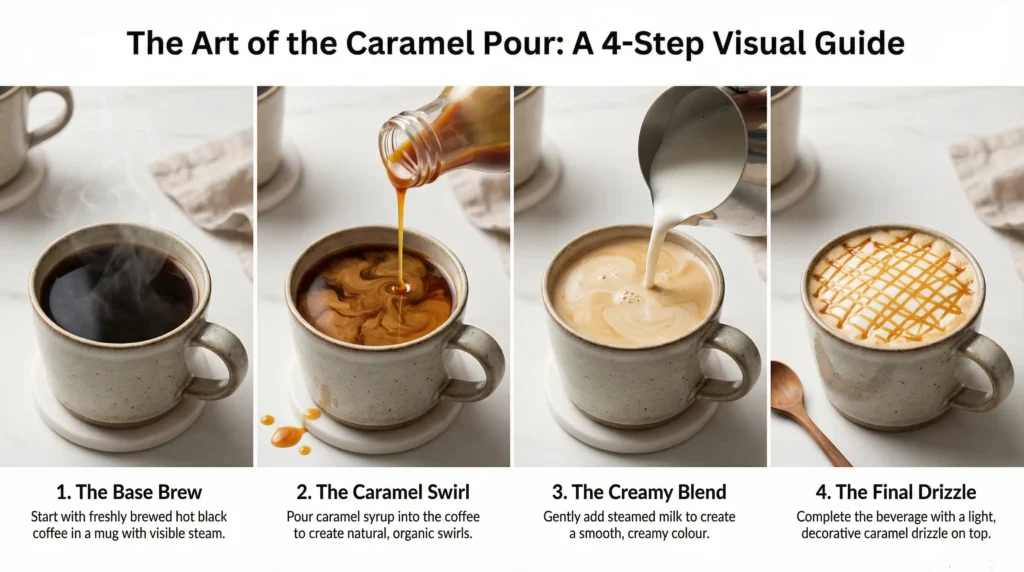  Four steps showing how to make caramel hot coffee from start to finish