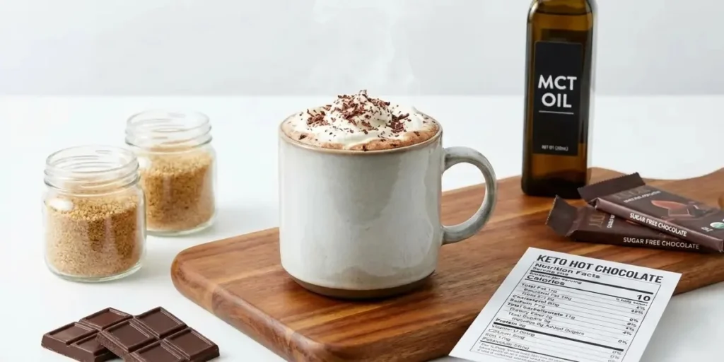 Keto-friendly hot chocolate coffee with sugar-free sweeteners and nutritional information.