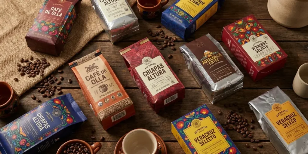 Mexican Hot Chocolate Coffee Recipe Guide – Easy Café-Style Variety of Mexican coffee brand packages with scattered coffee beans on rustic wooden surface