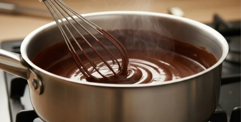 Mexican Hot Chocolate Coffee Recipe Guide – Easy Café-Style Whisking melted chocolate in saucepan for Mexican hot chocolate coffee showing smooth creamy texture