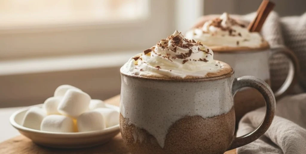 Mexican Hot Chocolate Coffee Recipe Guide – Easy Café-Style Two mugs of Mexican hot chocolate coffee served with whipped cream and cinnamon garnishes on wooden board